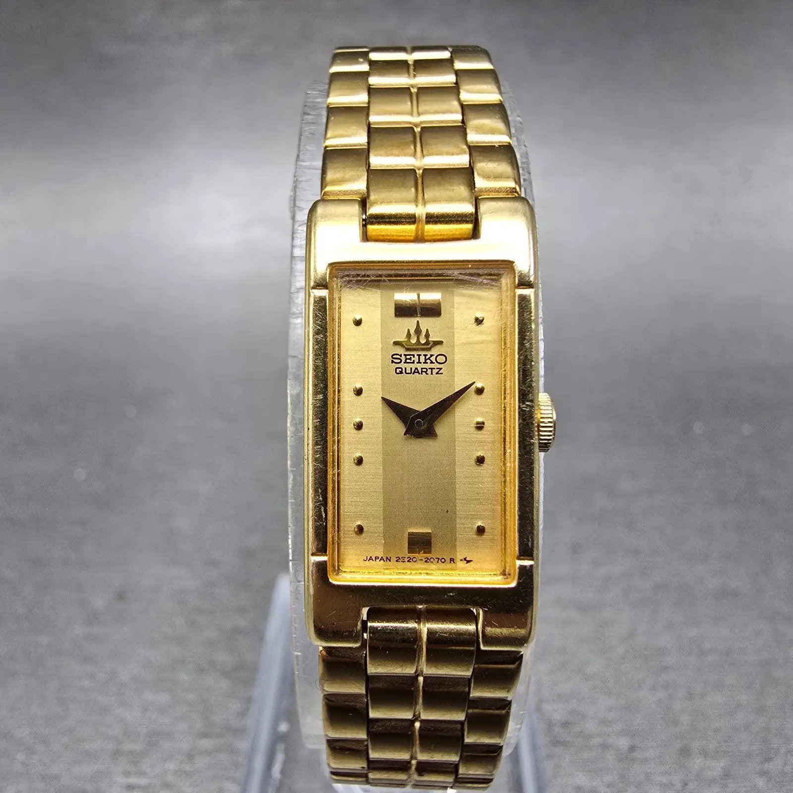 Seiko Tank Watch Women 13mm Champagne Dial Gold Tone 2E20-6590 New Battery VTG J0