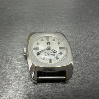Bulova Accutron Watch Women 20mm Silver Dial White Gold Plated Tunning Fork Runs4