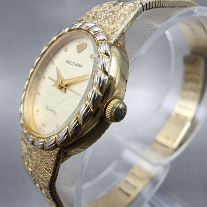 Waltham Watch Women 18mm Champagne Dial Gold Tone Oval 6L32 New Battery Hearts2