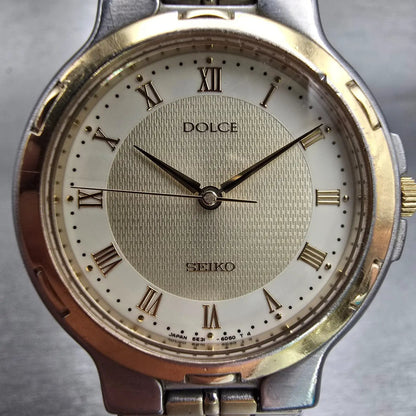 Seiko Dolce Watch Men 33mm Champagne Dial Two Tone Round 5E31-6D40 New Battery1