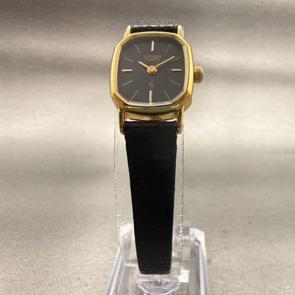 Citizen CQ Watch Women 17mm Black Dial Gold Tone Rectangle 3220-893476 New Batt5