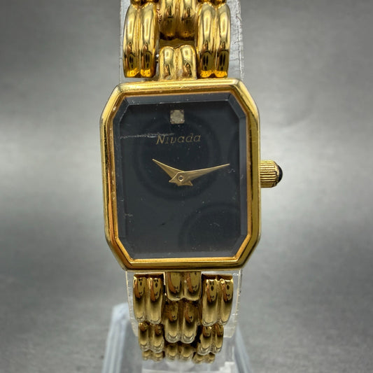 Nivada Watch Women 17mm Black Dial Gold Tone Octagon Swiss New Battery0
