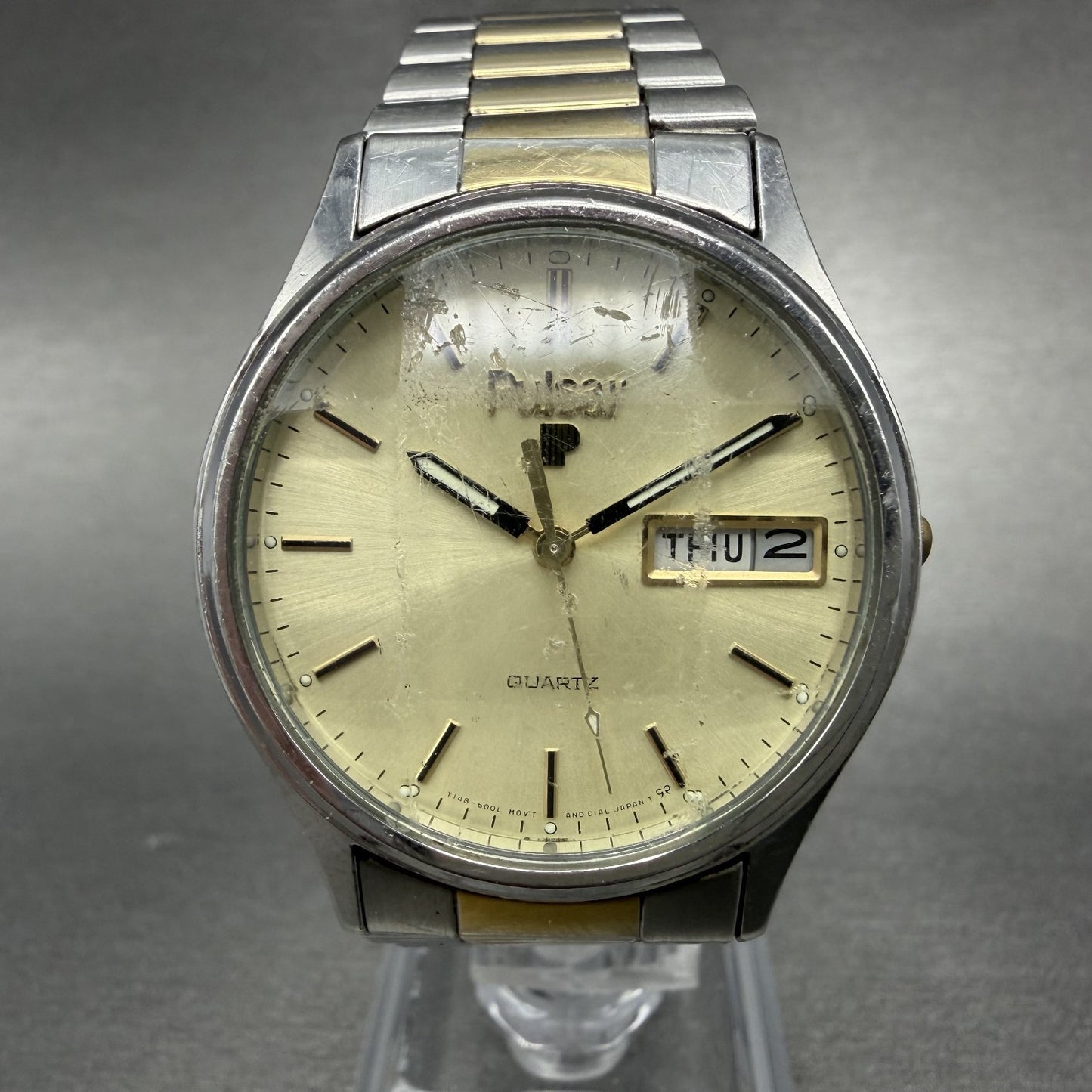 Seiko Pulsar Watch Men 34mm Champagne Dial Two Tone Daydate Y148-6009 NewBattery0