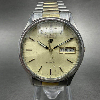 Seiko Pulsar Watch Men 34mm Champagne Dial Two Tone Daydate Y148-6009 NewBattery0