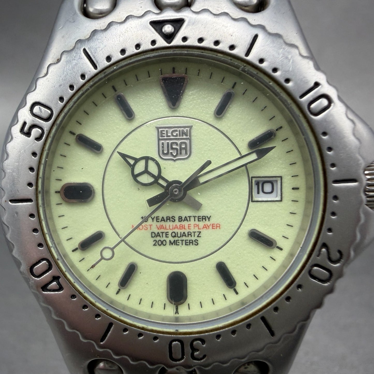 Elgin Dive Watch Men 39mm Green Dial Silver Tone Date Round FK-664 New Battery1