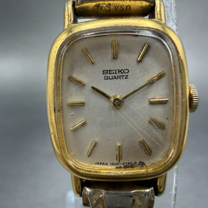 Seiko Tank Watch Women 17mm Silver Dial Gold Tone 1400-6569 New Battery Vintage1