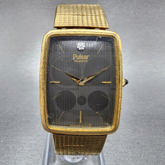 VTG Pulsar Tank Watch Men 24mm Black Dial Gold Tone Rectangle Y100-5689 PARTS