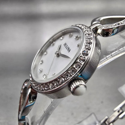 Bulova Watch Women 23mm MOP Dial Silver Tone Gemmed 96X129 New Battery2
