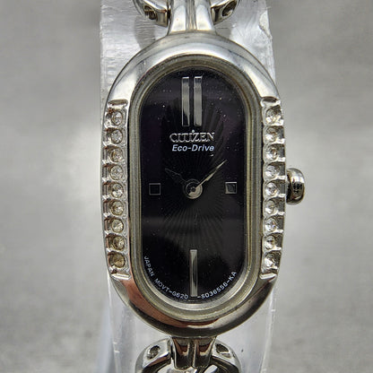 Citizen EcoDrive Watch Women 14mm Black Dial Silver Tone Oval Crystal Bezel1