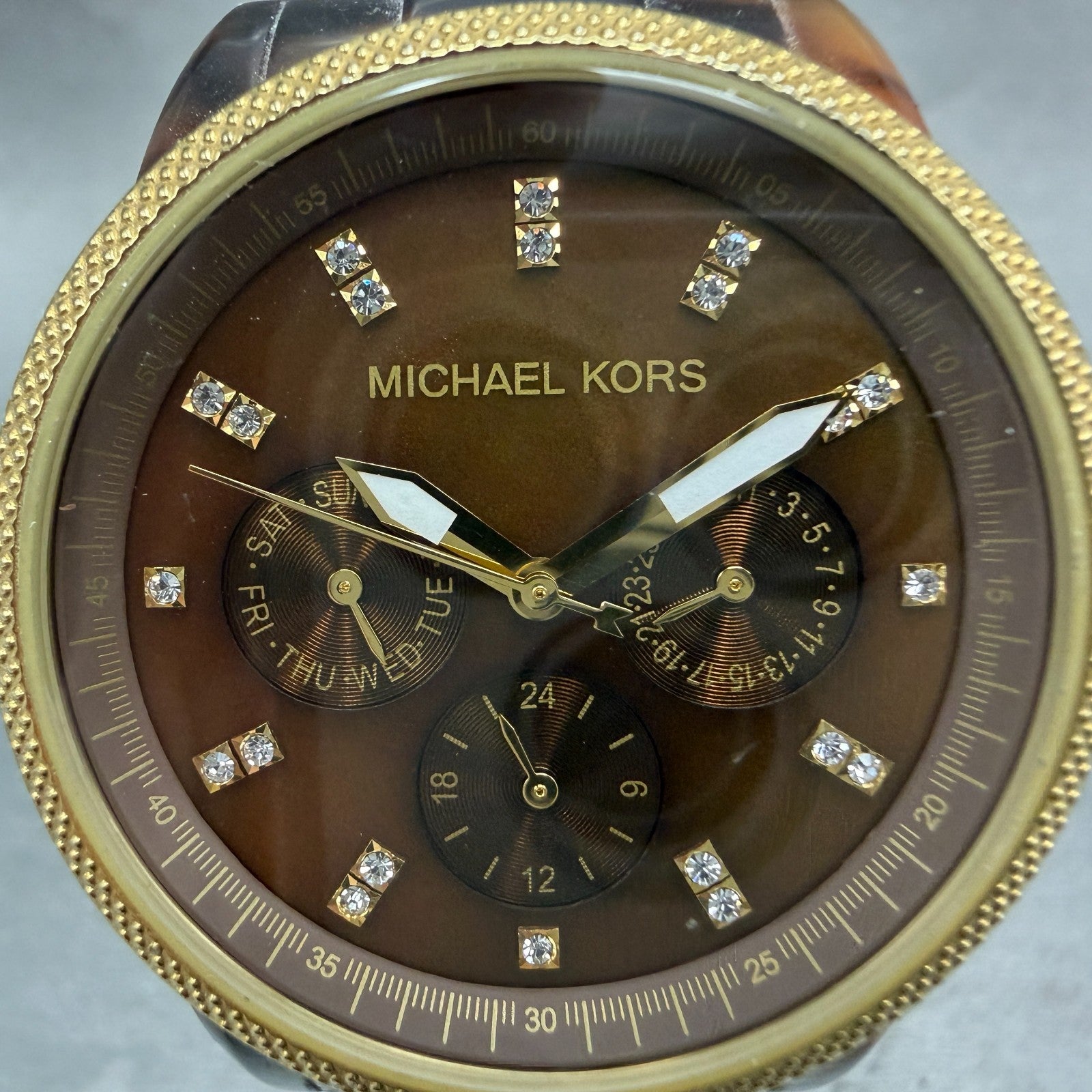 Michael Kors Watch Women 37mm Brown Dial Gold Brown Tone Daydate New Battery PT1