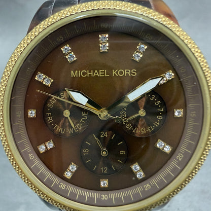 Michael Kors Watch Women 37mm Brown Dial Gold Brown Tone Daydate New Battery PT1