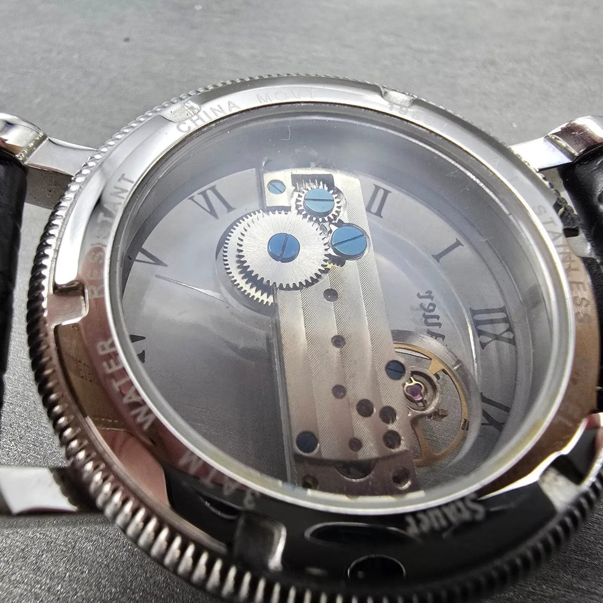 Stuare Skeleton Watch Men 42mm Silver Black Manual Wind 19891 Round PARTS10