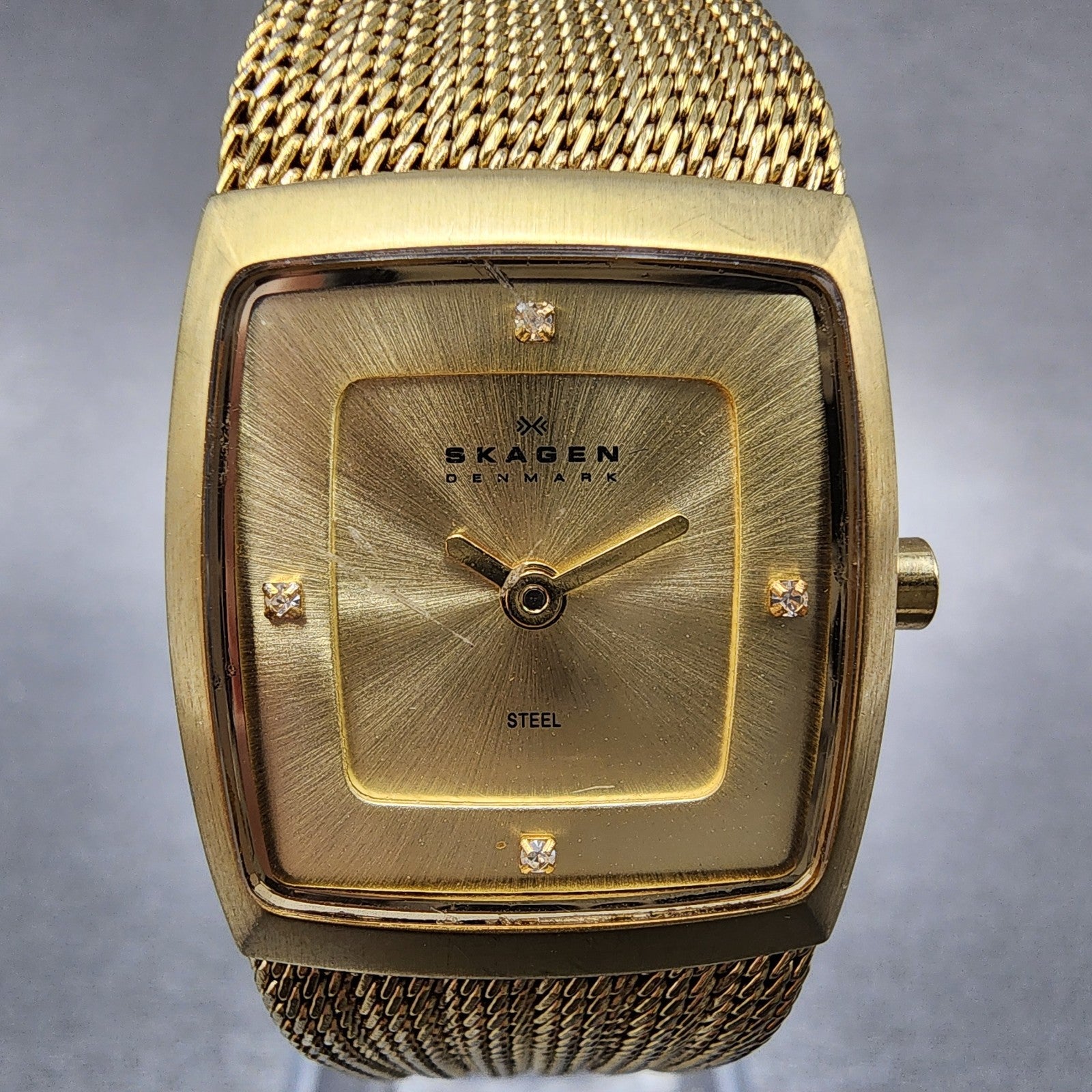 Skagen Tank Watch Women 22mm Champagne Dial Gold Tone Rectangle New Battery1