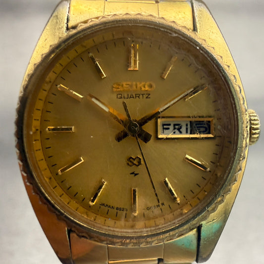 Seiko SQ Watch Women 24mm Gold Dial Gold Tone Daydate Round 8523-0050 New Batt1