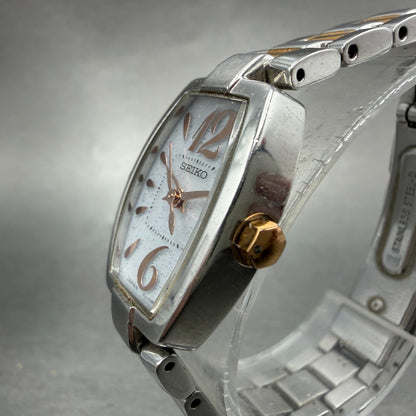 Seiko Solar Tank Watch Women 18mm White Dial Two Tone Rectangle Lukia Runs FD32