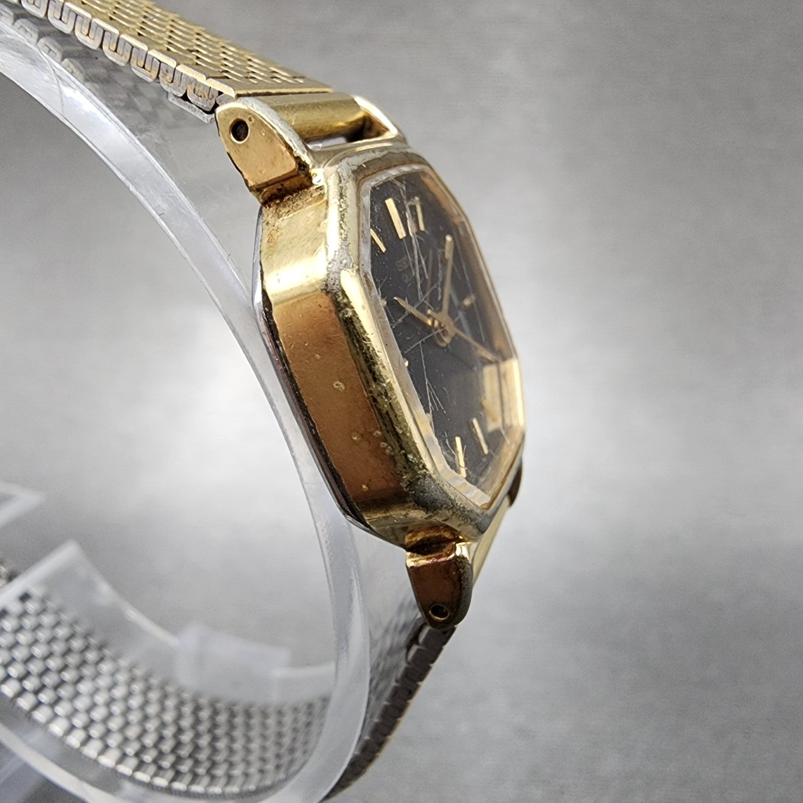 Seiko Watch Women 20mm Black Dial Gold Tone Octagon 2C215170 New Battery VTG3