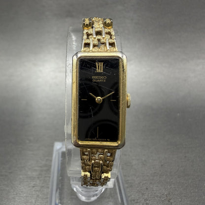 Seiko Tank Watch Women 13mm Black Dial Gold Tone Rectangle 13205249 New Battery0