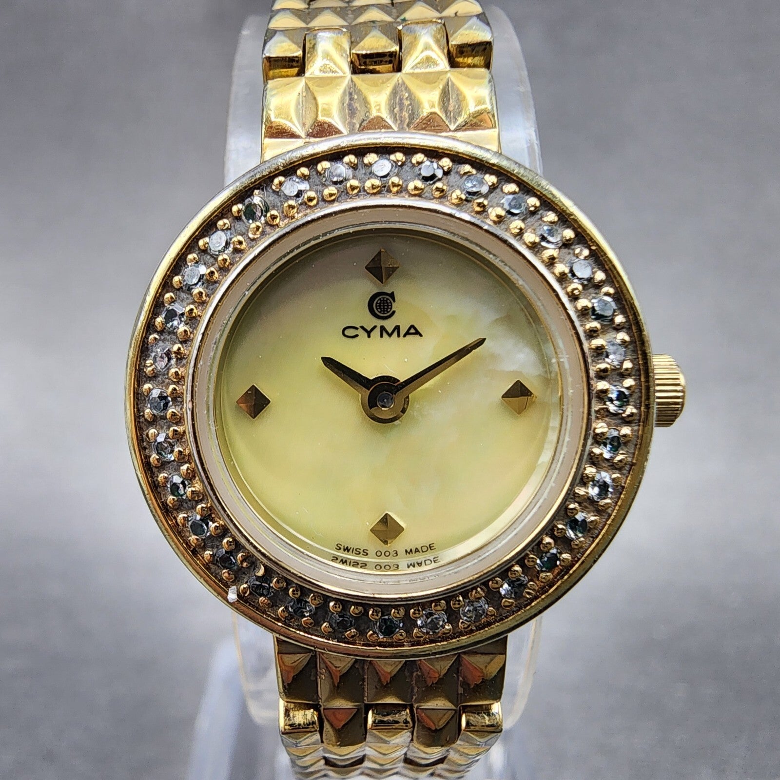 Cyma Watch Women 21mm MOP Dial Gold Tone Crystal bezel Round New Battery1