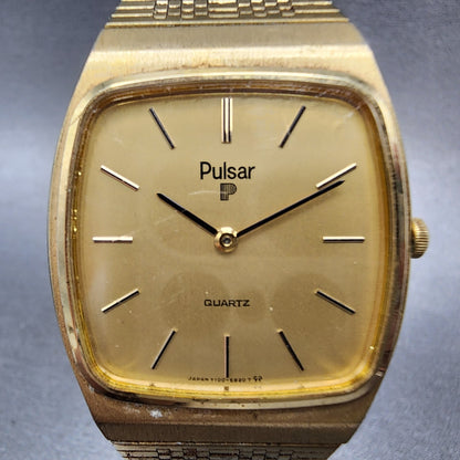 Pulsar Tank Watch Men 31mm Gold Dial Gold Tone Rectangle Y1005599 New battery1