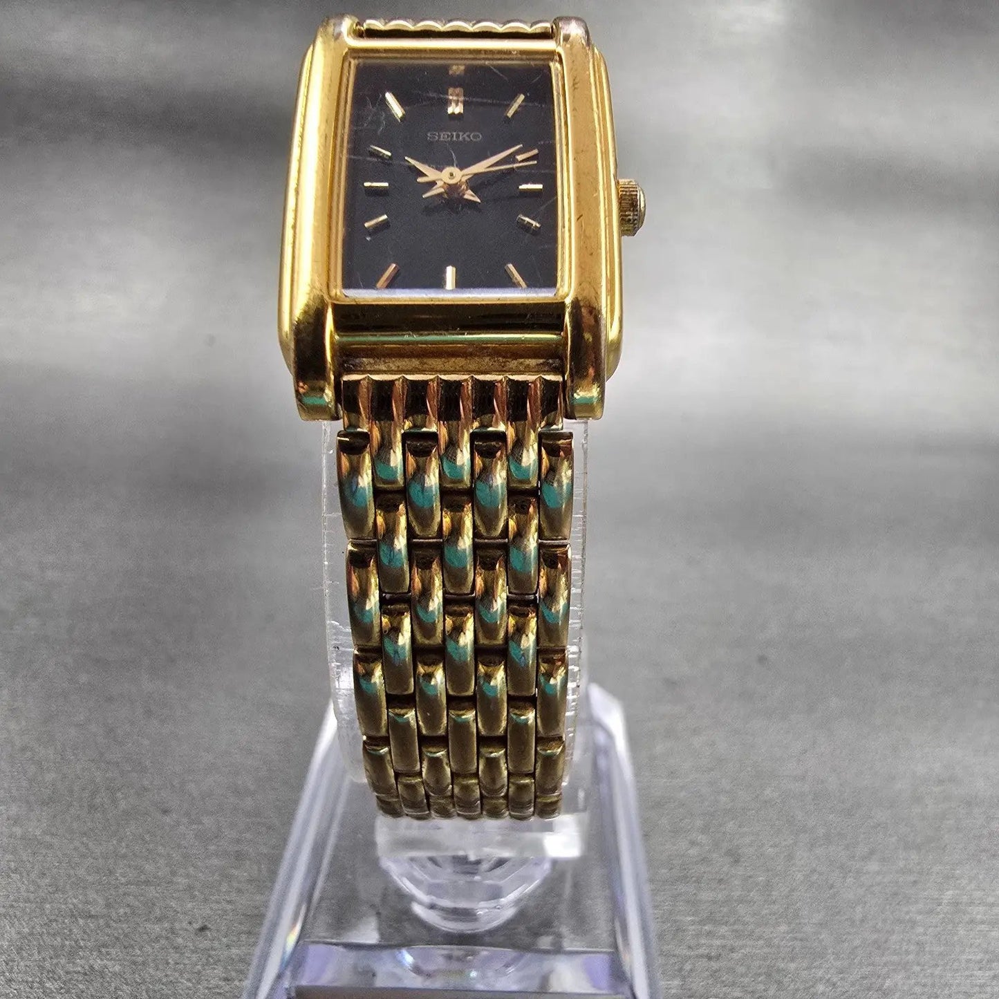 Seiko Watch Women 18mm Black Dial Gold Tone Rectangle V401-5650 New Battery VTG5