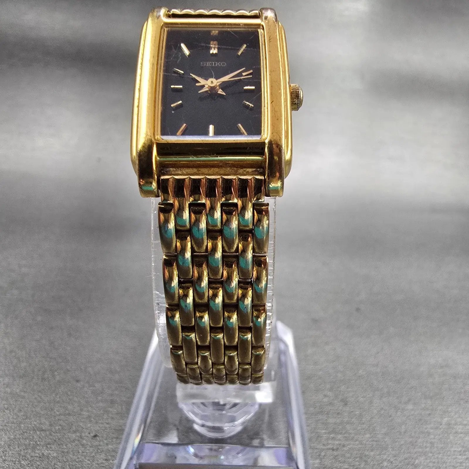 Seiko Watch Women 18mm Black Dial Gold Tone Rectangle V401-5650 New Battery VTG5