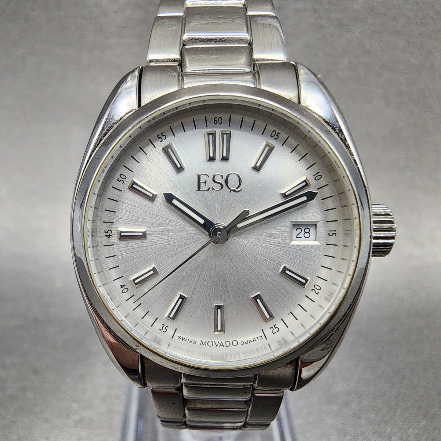 ESQ Watch Women 27mm Silver Dial Stainless Steel Date Round New Batt3