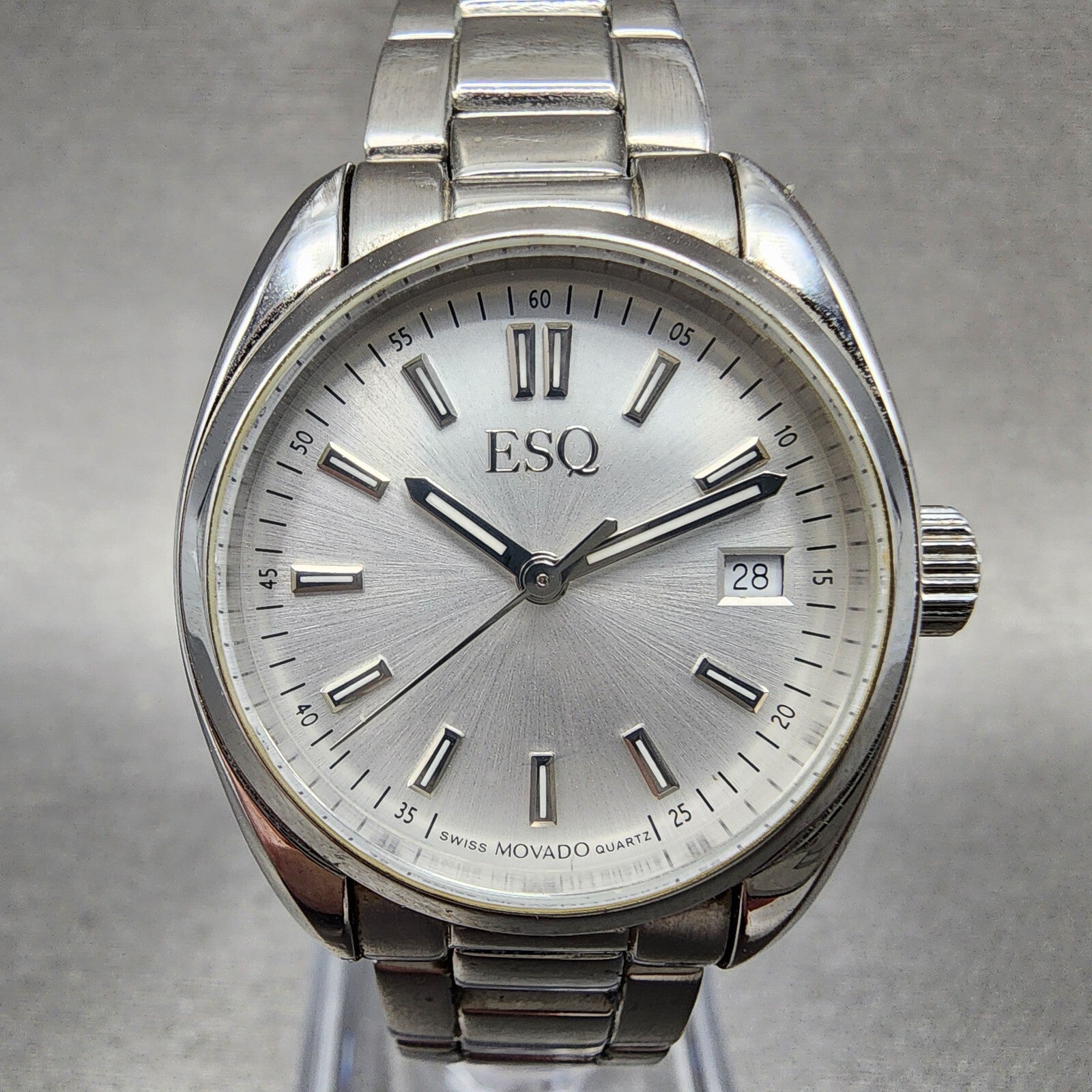 ESQ Watch Women 27mm Silver Dial Stainless Steel Date Round New Batt3