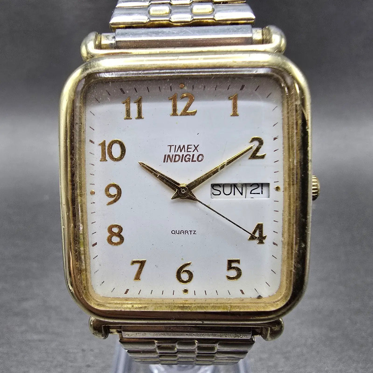 Timex Tank Watch Men 30mm White Dial Gold Rectangle Daydate Indiglo New Battery0