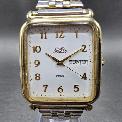 Timex Tank Watch Men 30mm White Dial Gold Rectangle Daydate Indiglo New Battery0