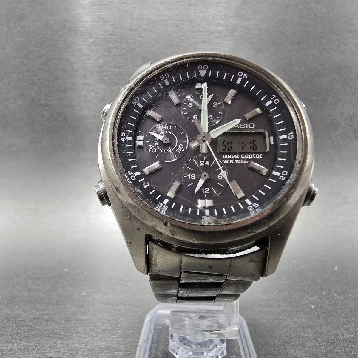 Casio Wave Ceptor WVQ-500 Watch Men 42mm Gray Dial Titanium Alarm Chrono PARTS6