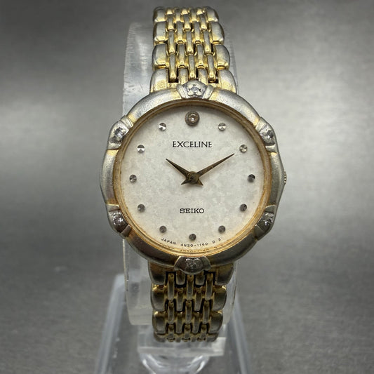 Seiko Exceline Watch Women 21mm White Dial Gold Tone Round 4N20-0640 New Batt0