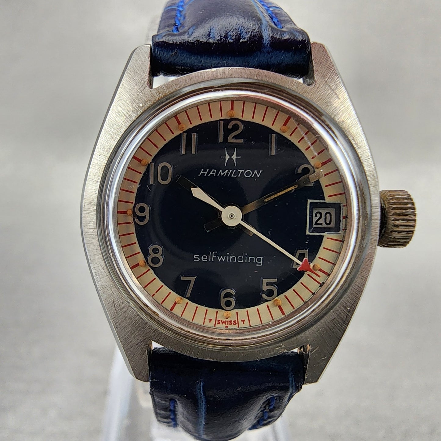 Hamilton Watch Women 23mm Blue Dial Steel Date Round Automatic Round Runs VTG1