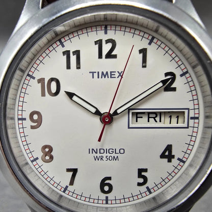 Timex Easy Reader Watch Men 36mm White Dial Silver Daydate Indiglo New Battery1
