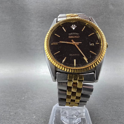 Seiko President Watch Men 36mm Black Dial Two Tone Daydate 7n43-8111 PARTS VTG6