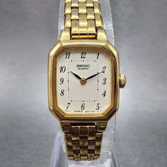 Seiko Tank Watch Women 17mm Cream Dial Gold Tone Rectangle V4005608 New Battery0