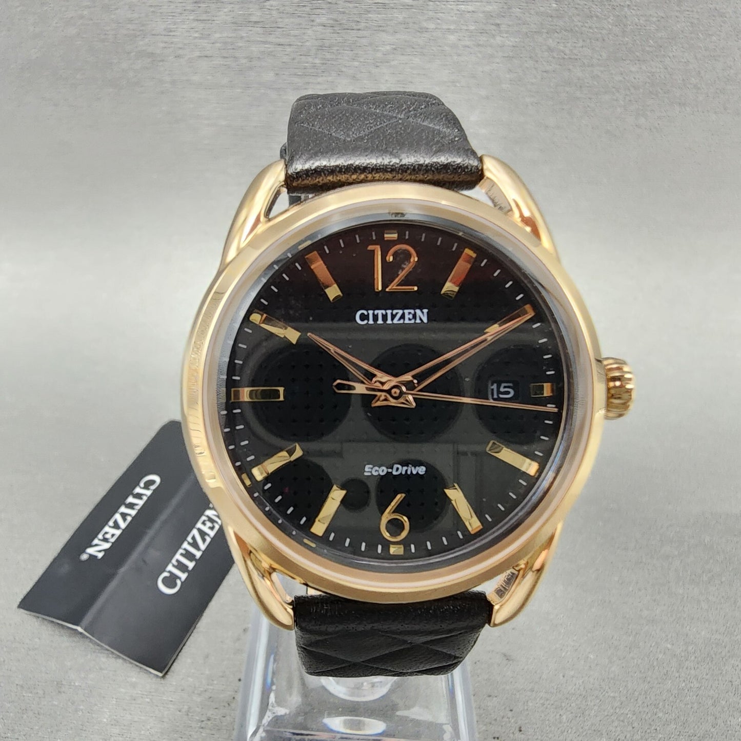 Citizen EcoDrive Watch Women 36mm Black Dial Rose Gold Tone Date Round FE60830