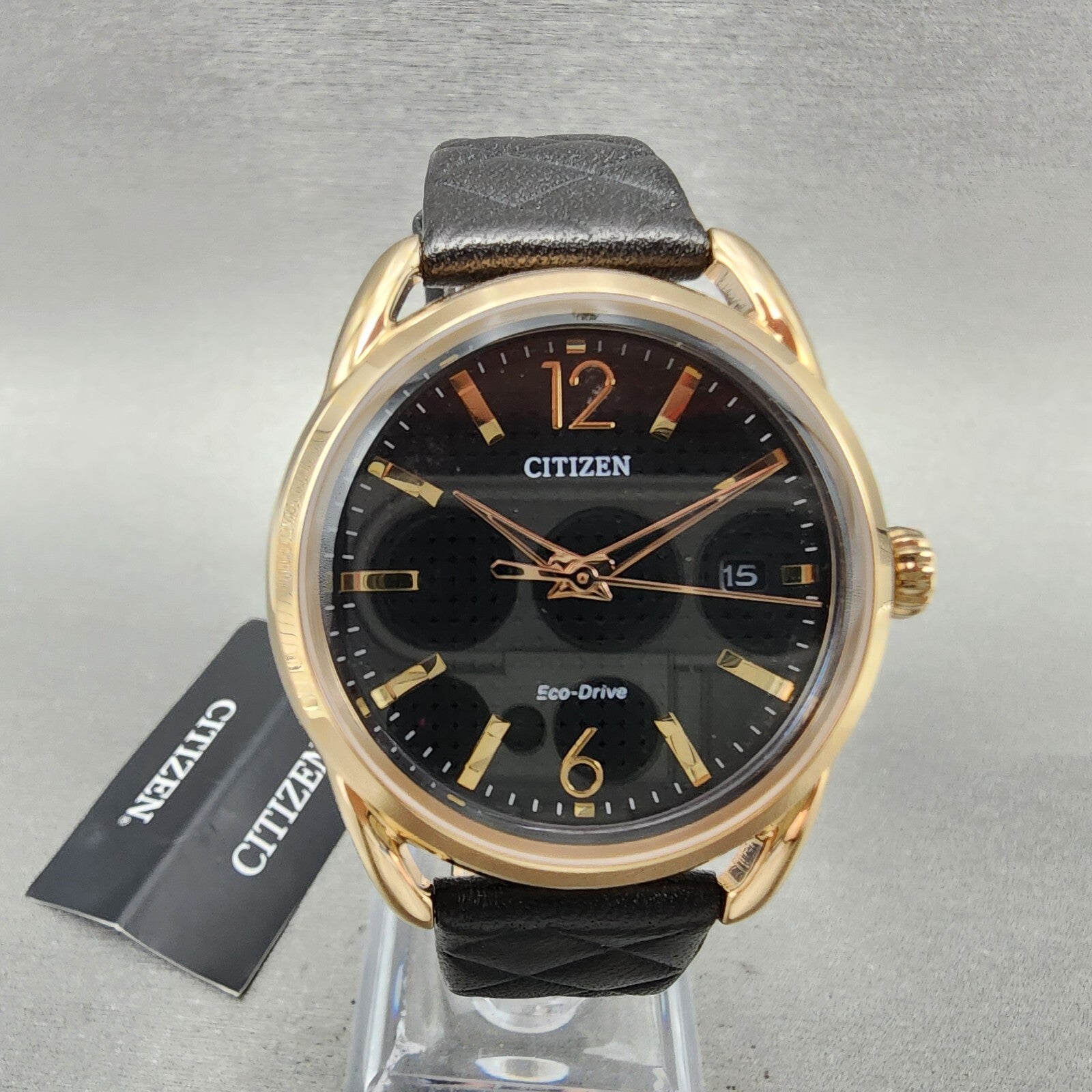 Citizen EcoDrive Watch Women 36mm Black Dial Rose Gold Tone Date Round FE60830