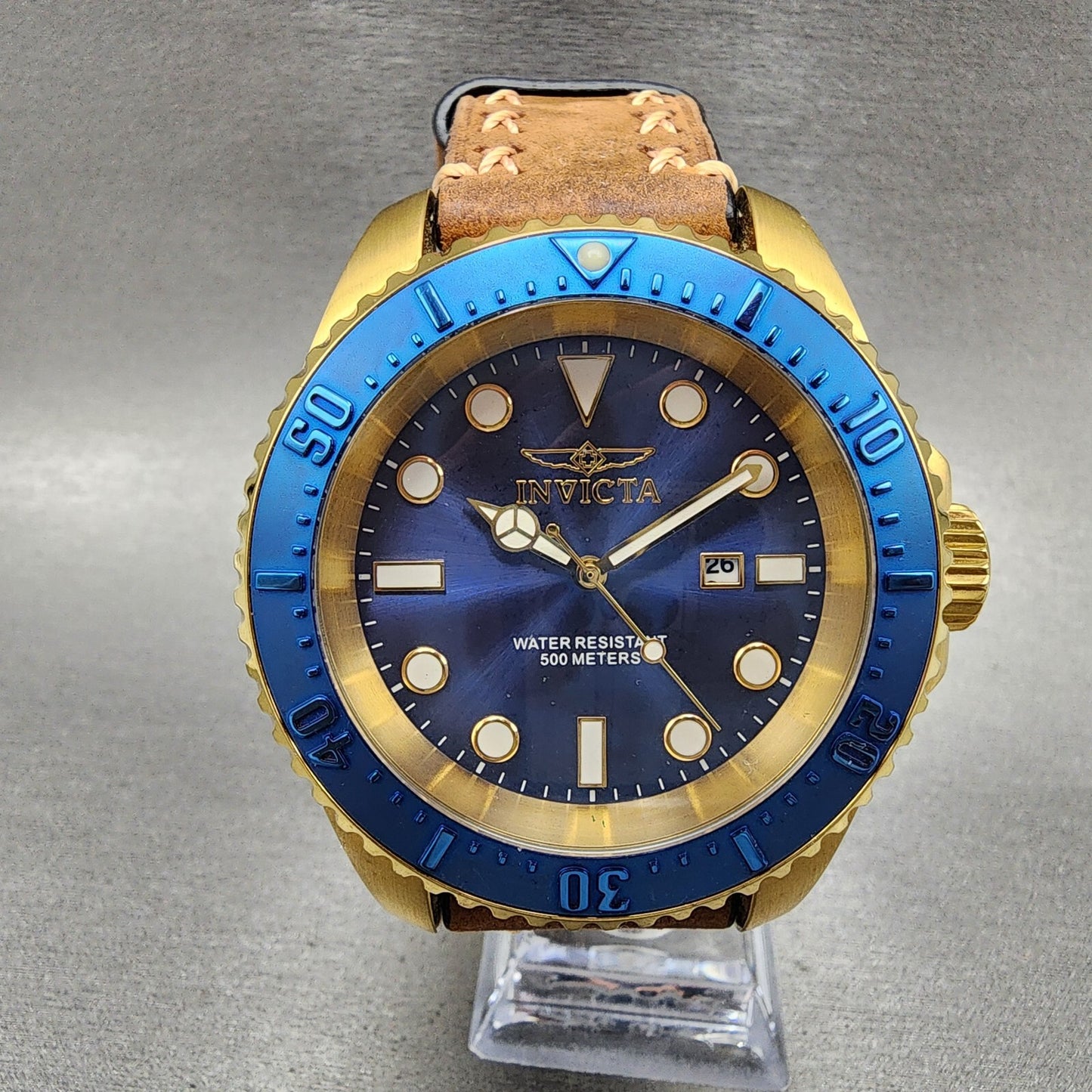Invicta Pro Diver Watch Men Blue Dial Gold Tone Date Round 17581 New Batt READ!!1