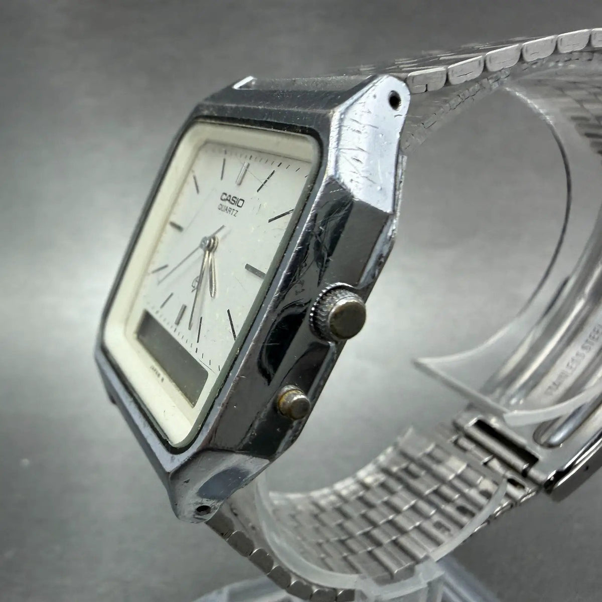 Casio Analog Digital Watch Men 31mm Silver Dial Silver Tone AQ-321 PARTS ABC VTG3