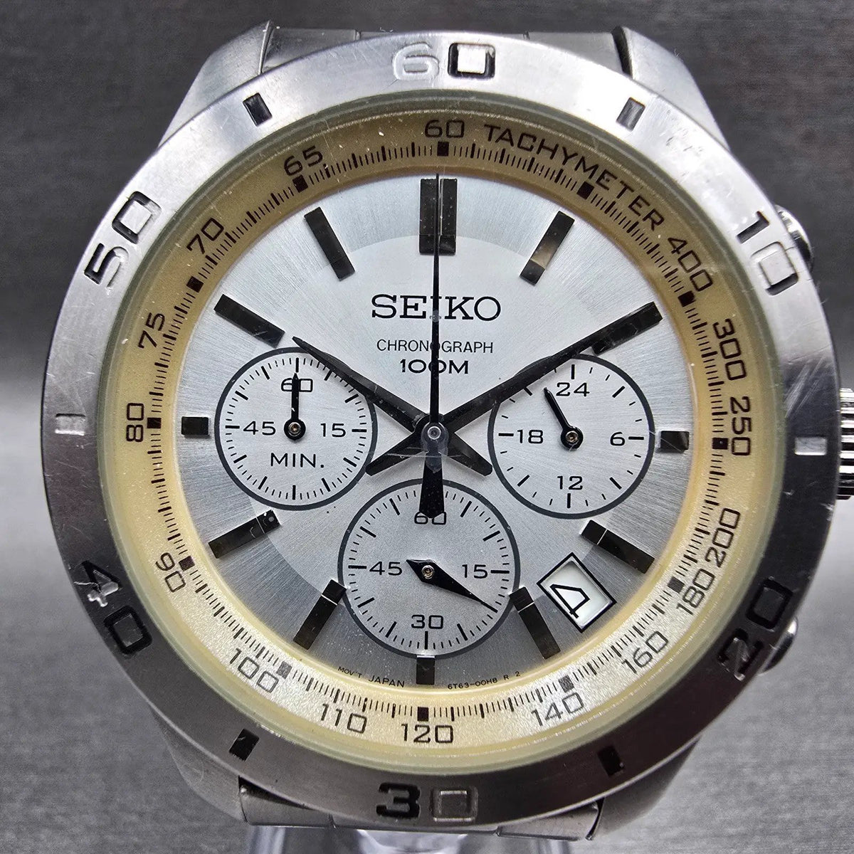 Seiko Chronograph Watch Men 43mm Silver Dial Silver Date 6T63-00E0 New Batt1