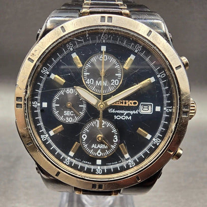 Seiko Chronograph Watch Men 39mm Black Dial Date Alarm 7T62-0FY0 New Battery1
