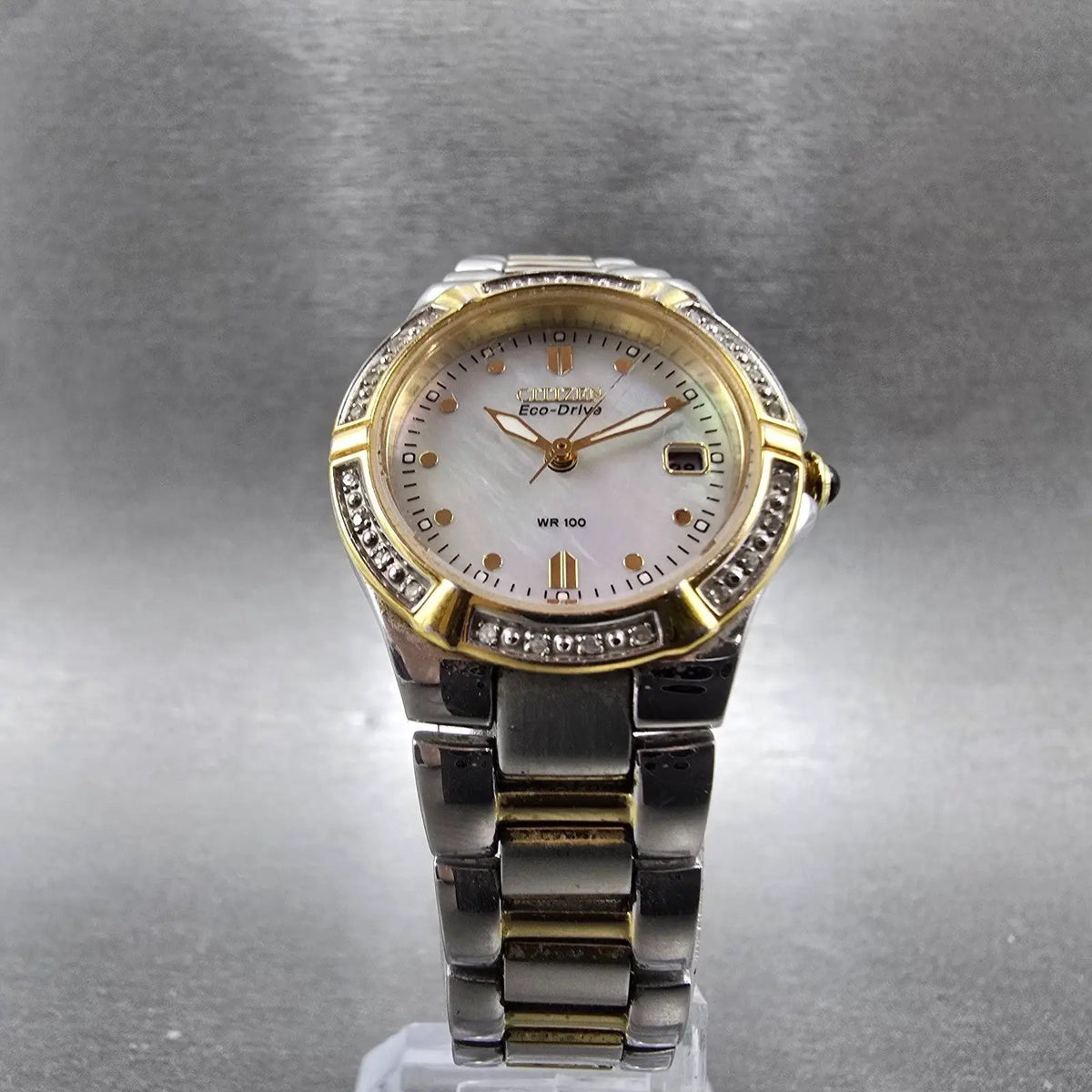 Citizen Eco-Drive Rivia Watch Women 27mm MOP Dial Two Tone Diamonds EW0894-57D6