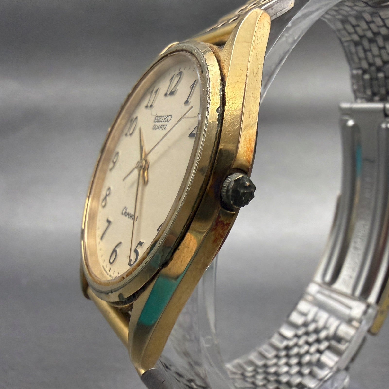 Seiko Chronos Watch Men 34mm Champagne Dial Gold Tone Round 8121-8000 New Batt2