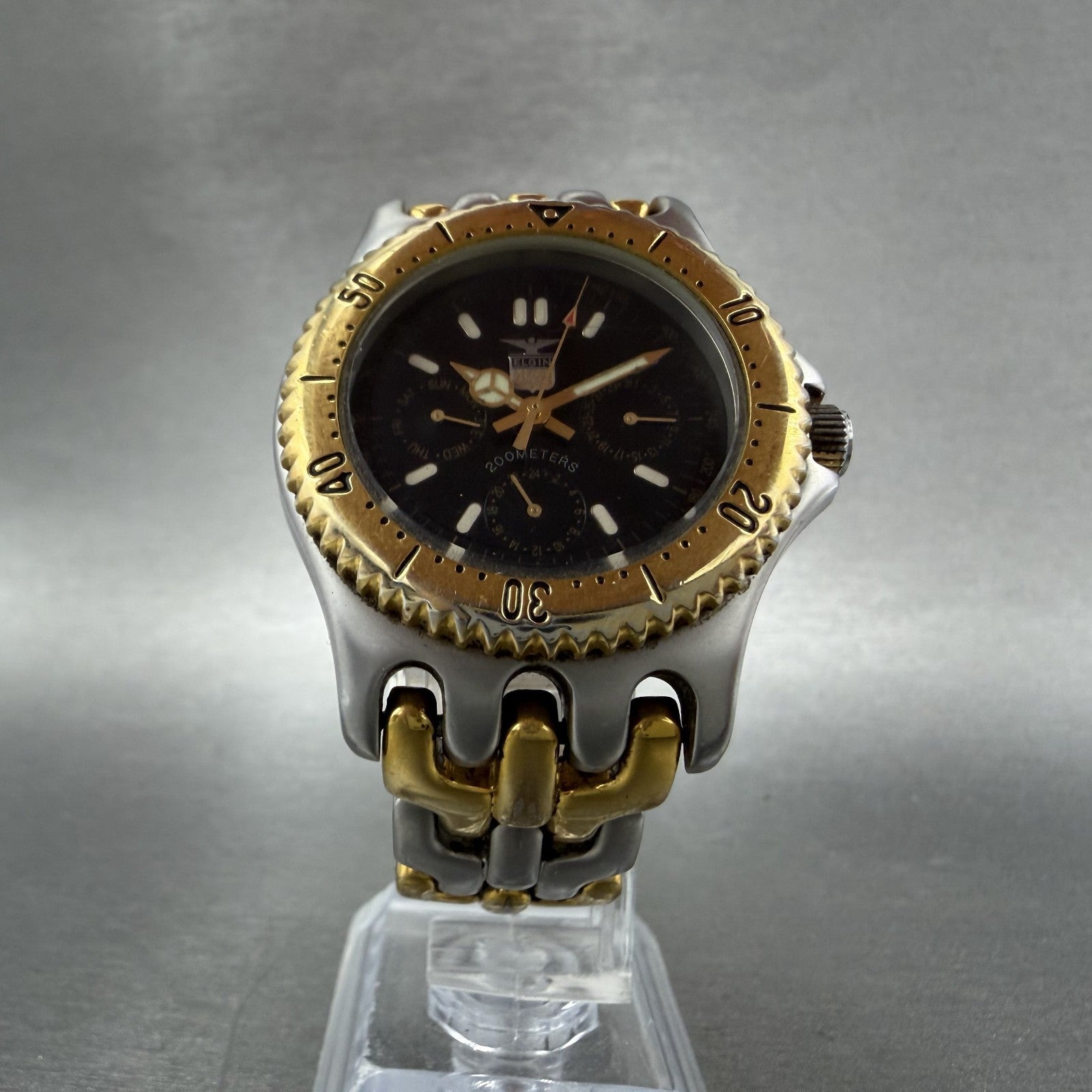 Elgin Watch Men 37mm Black Dial Two Tone Daydate Round FK-527A New Battery5