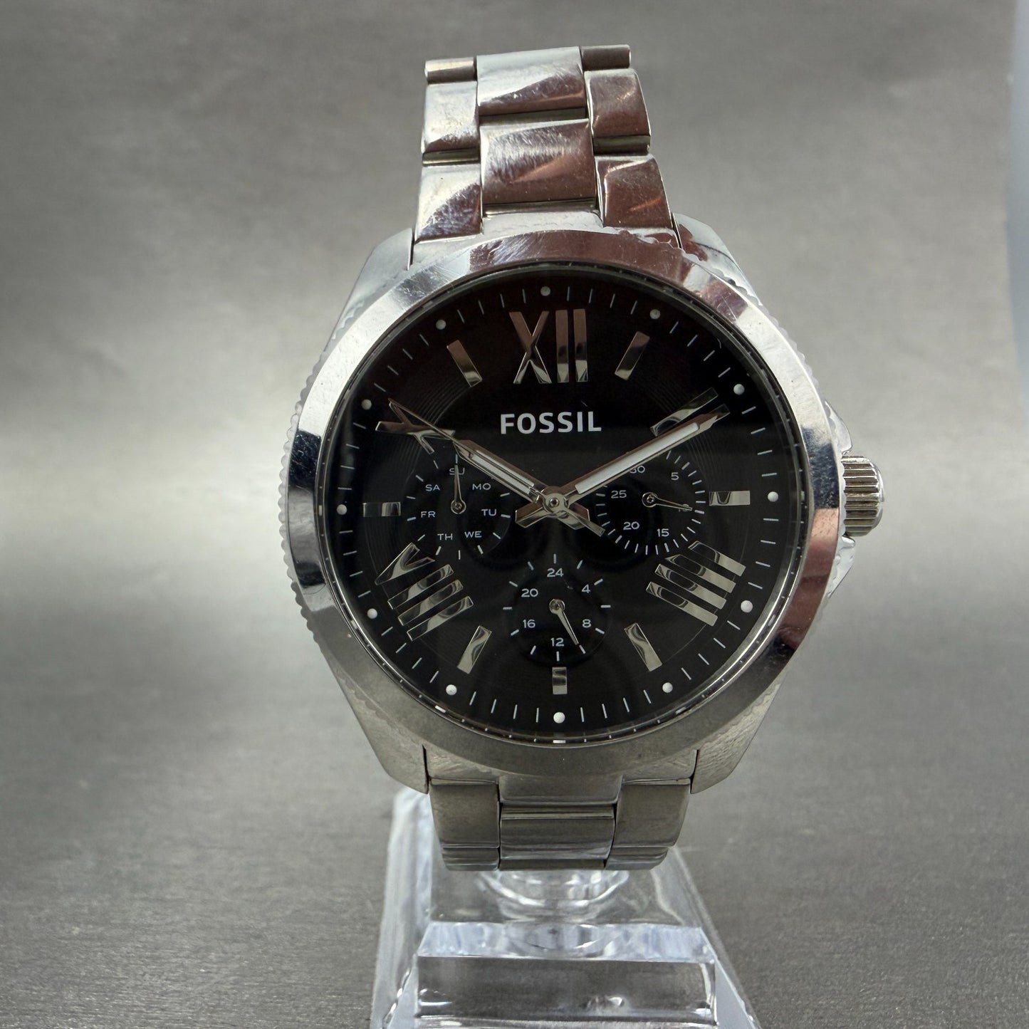 Fossil Cecile Watch Women 41mm Black Dial Silver Tone Daydate Round New battery5