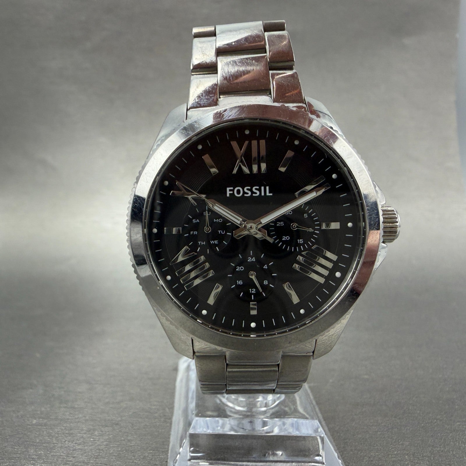 Fossil Cecile Watch Women 41mm Black Dial Silver Tone Daydate Round New battery5