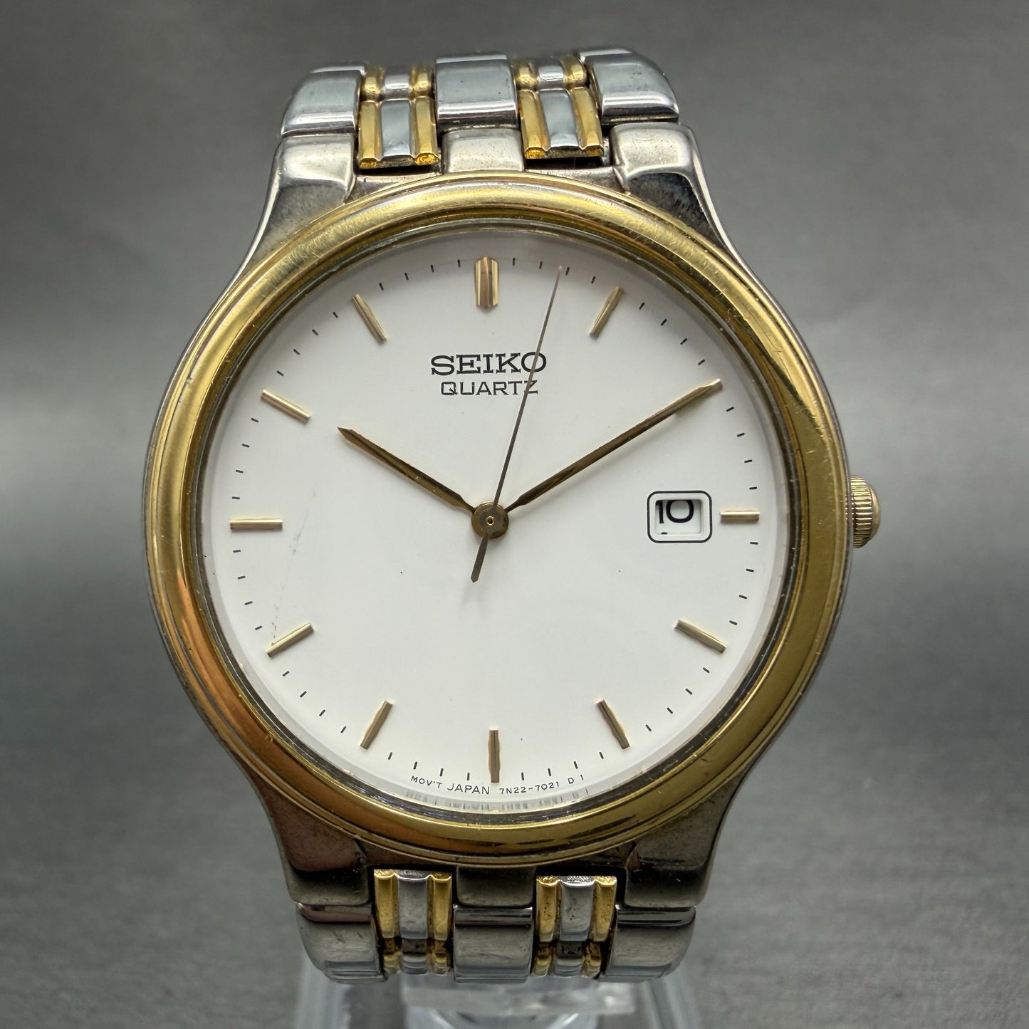 Seiko Watch Men 34mm White Dial Two Tone Date Round 7N22-7021 New Battery0