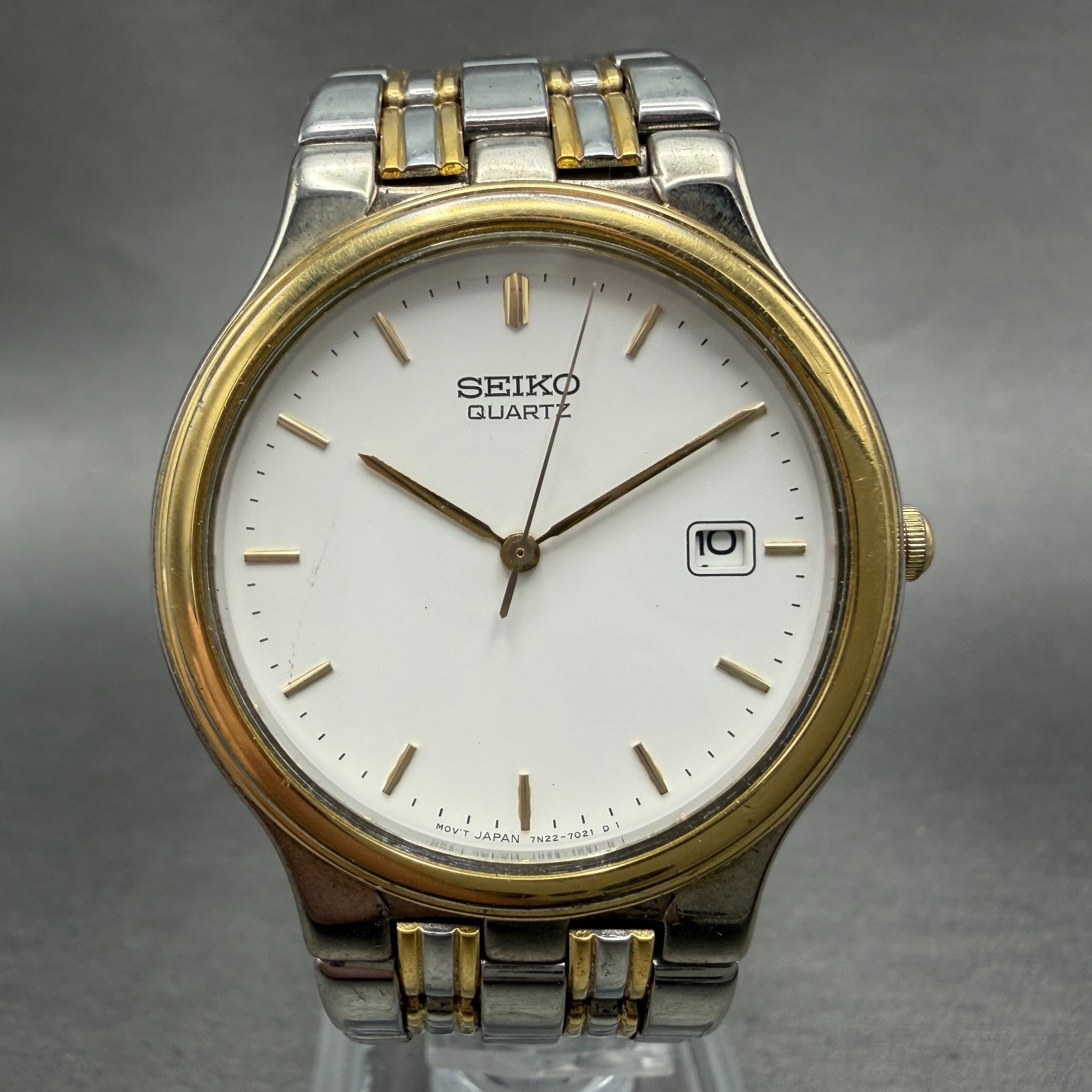 Seiko Watch Men 34mm White Dial Two Tone Date Round 7N22-7021 New Battery0