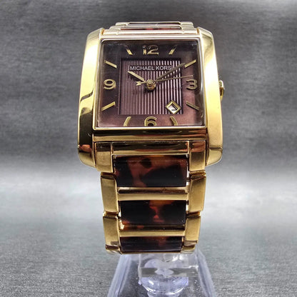 Michael Kors Tortoise Watch Women 29mm Brown Dial Gold Tone Date MK4242 New Batt5