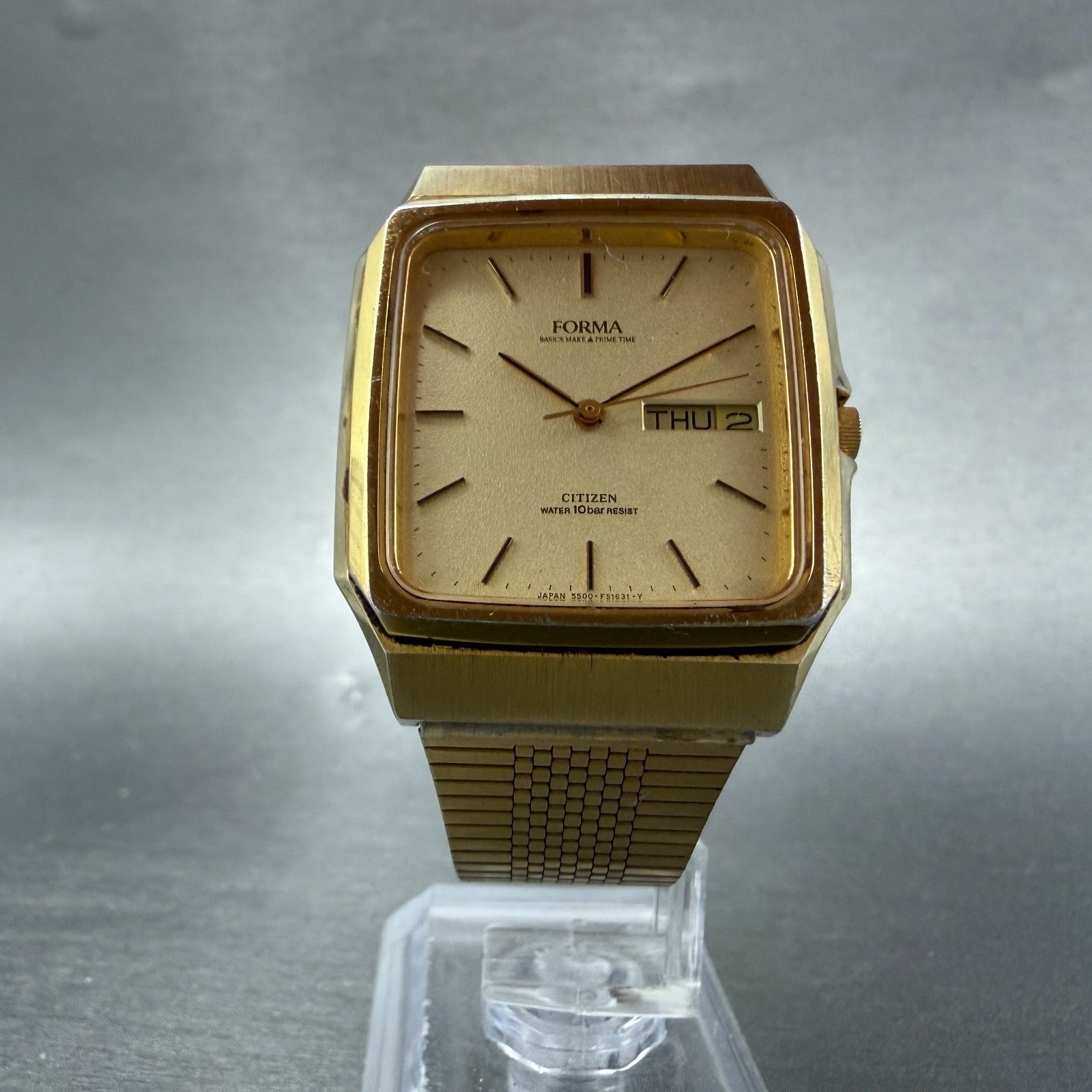 Citizen Forma Tank Watch Men 31mm Champagne Dial Gold Tone Daydate New BatteryAB5